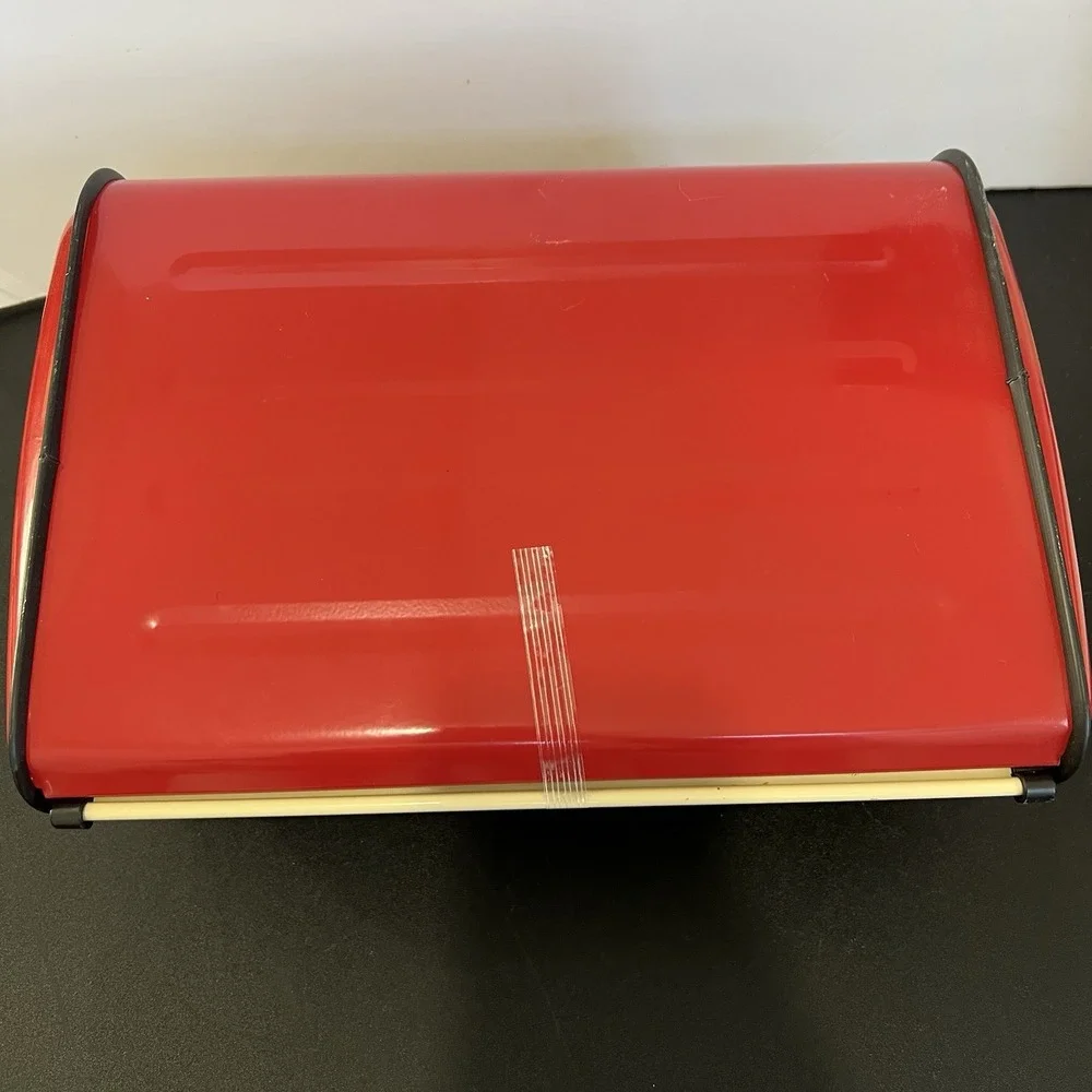 Retro Red Metal Roll Top Bread Box Fresh Bakery Coffee‎ Graphic Kitchen Storage